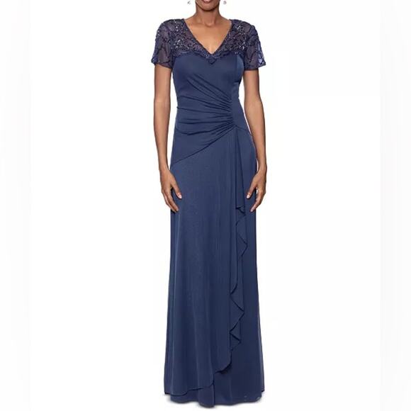Xscape Dresses & Skirts - XSCAPE Beaded Illusion-Trim Side-Ruched Gown Charcoal Women’s NWT